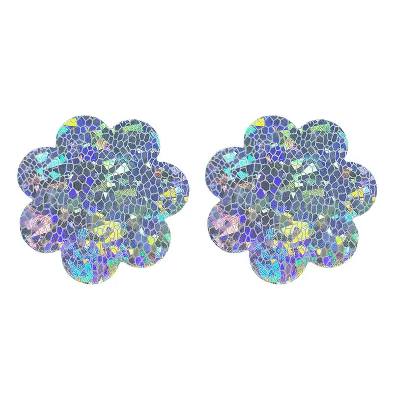 Ultra-thin laser sequin nipple covers, flower-shaped, shimmering holographic design, perfect for party and festival attire.