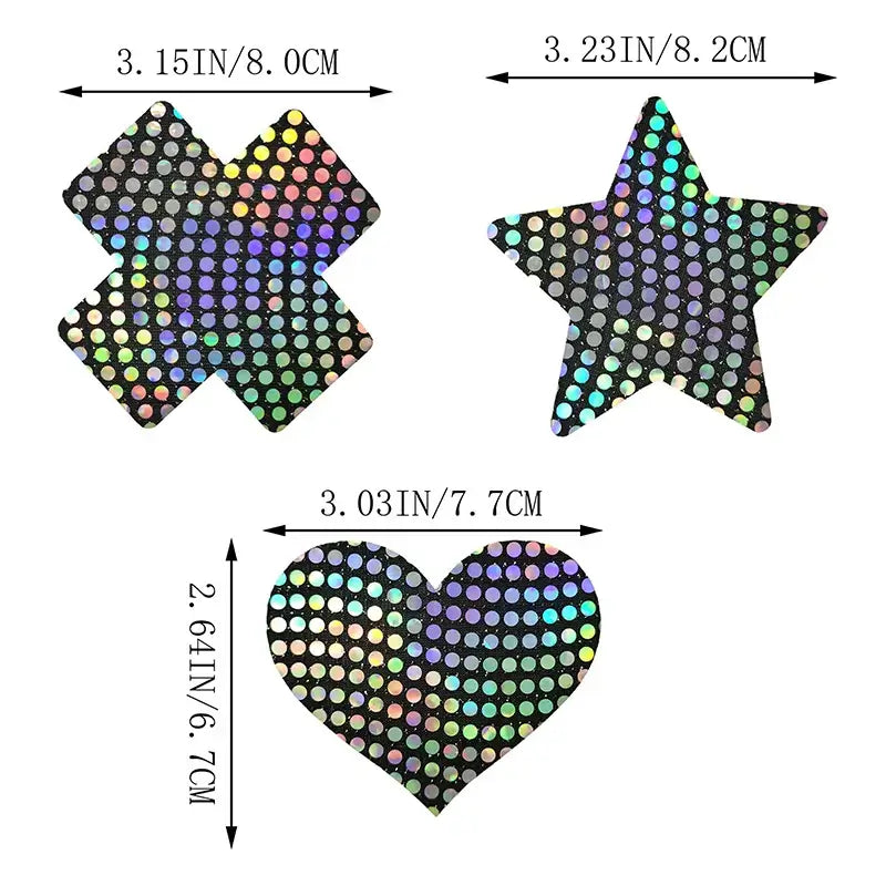 Ultra-thin laser sequin pasties in star, cross, and heart shapes with measurements, perfect for festivals and backless outfits.