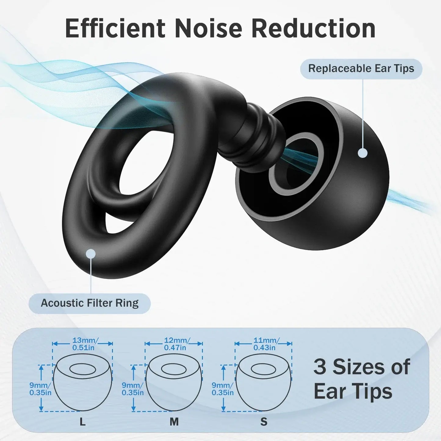 Efficient noise reduction earplugs with replaceable tips and acoustic filter ring, available in three sizes for optimal fit.