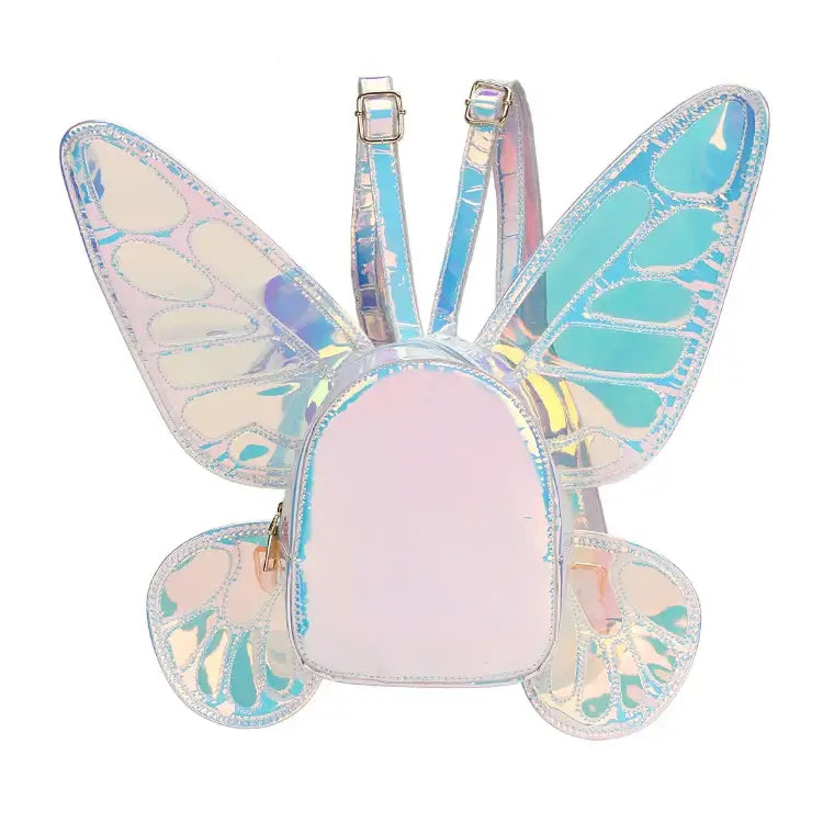 Holographic butterfly wings mini backpack with reflective stripes and laser finish for festivals and casual outings.