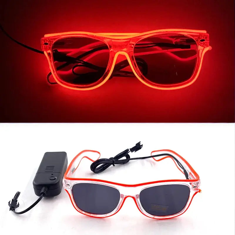 LED glow glasses with vibrant EL wire, featuring steady and flashing modes, ideal for parties and celebrations, battery-powered.