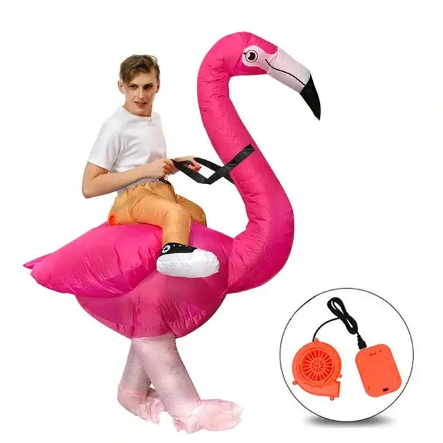 Inflatable flamingo costume for fun festivals and parties with easy inflation fan mechanism.