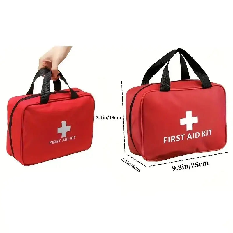 Red 184pcs first aid kit with handle, showing dimensions 7.1in/18cm height, 9.8in/25cm width, ideal for medical emergencies.