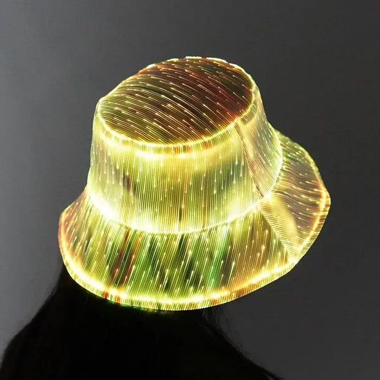 LED light-up fiber optic bucket hat glowing with color-changing lights, perfect for festivals and raves, showcasing Y2K fashion style.