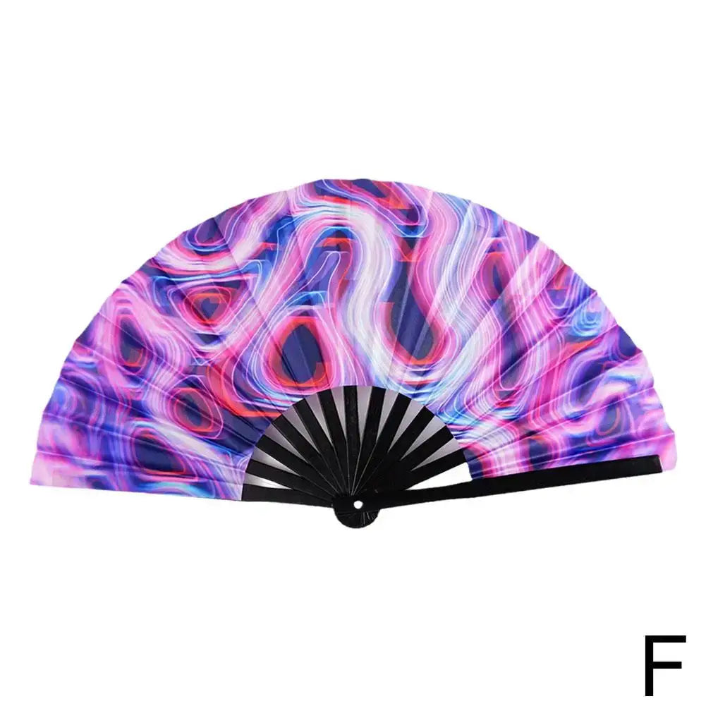 Gradient colorful reflective foldable rave fan with vibrant pink and purple swirls, ideal for festivals and party dance events.