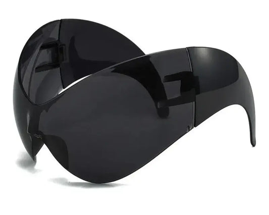 Y2K oversized wrap sunglasses with UV400 protection for festivals and raves, featuring a bold black shield design.