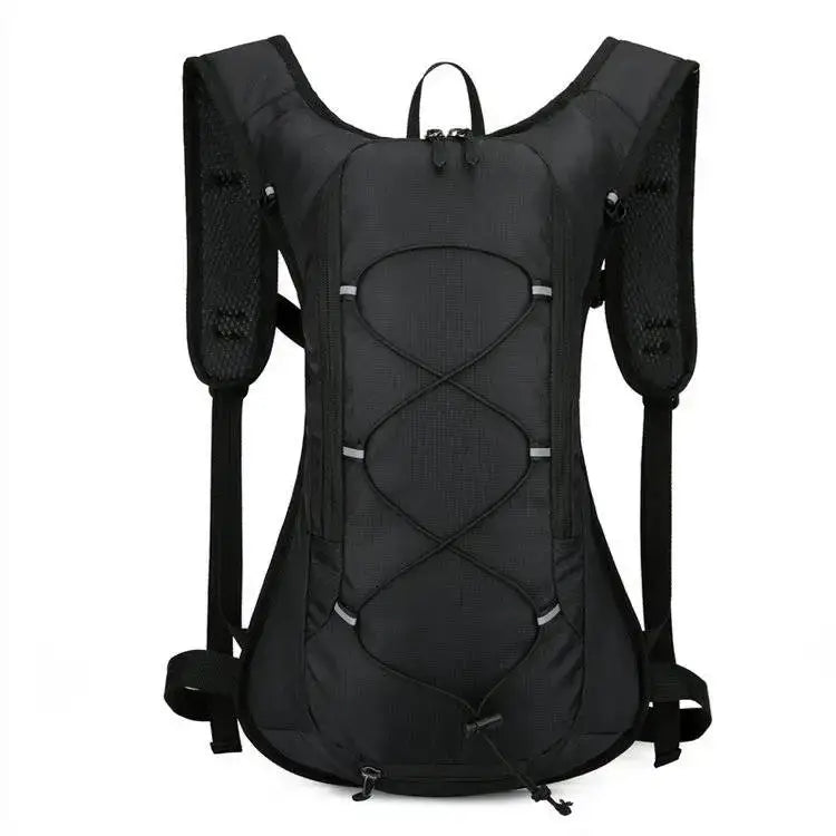 Black 2L hydration backpack for rave festivals, waterproof and durable, with breathable mesh back and reflective design.