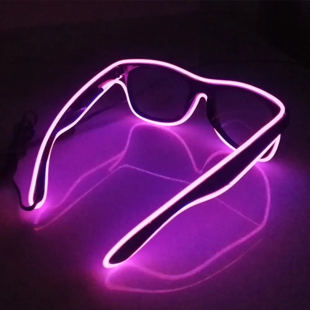 Neon glowing LED glasses with vibrant pink EL wire design, perfect for parties and festive occasions.