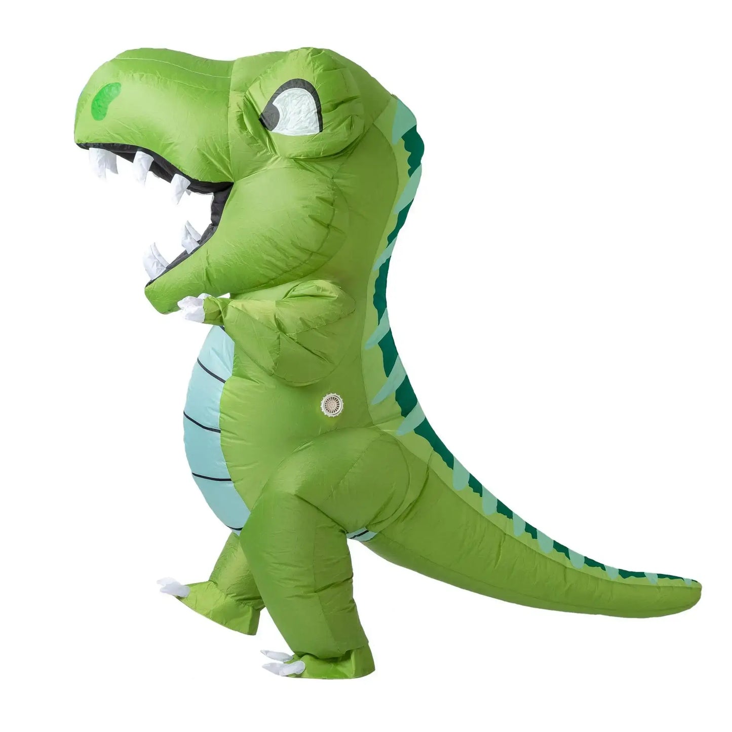 Green inflatable dinosaur costume for adults, perfect for festivals and events, made from durable polyester material.