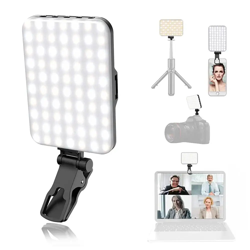 Portable LED selfie light with 60 LEDs attached to devices, ideal for makeup, selfies, vlogs, and video calls.