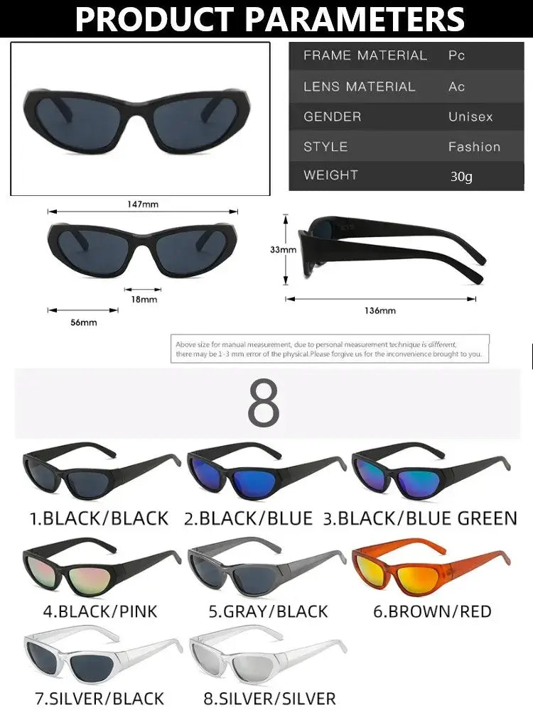 Futuristic unisex sunglasses in various colors with specifications, including UV400 protection and durable alloy frame for festivals and parties.