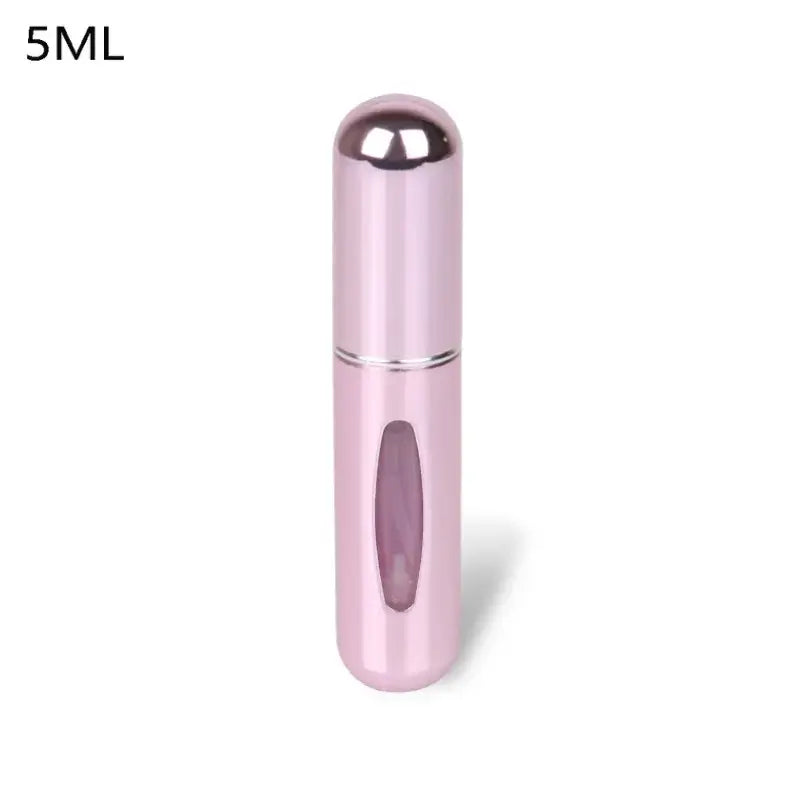 Portable 5ml pink refillable perfume atomizer bottle with window, ideal for travel and daily use.