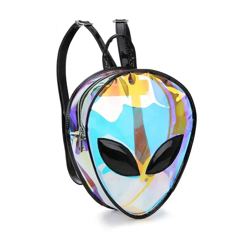 Vibrant holographic alien backpack perfect for festivals, raves, and parties with adjustable straps for style and comfort.