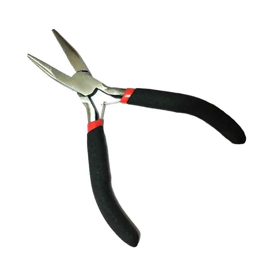 Needle nose pliers with black and red handles for precise crafting and jewelry making.