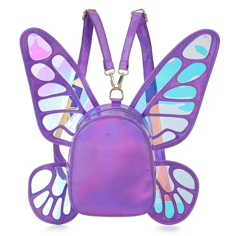 Holographic Butterfly Wings Mini Backpack, purple with reflective stripes, ideal for festivals and parties. Fun, stylish design.