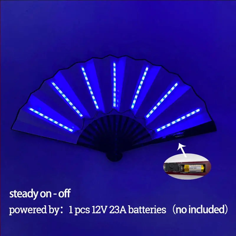 Blue LED glow folding fan with vibrant lights, ideal for dance and stage performances, powered by 1 pcs 12V 23A battery.