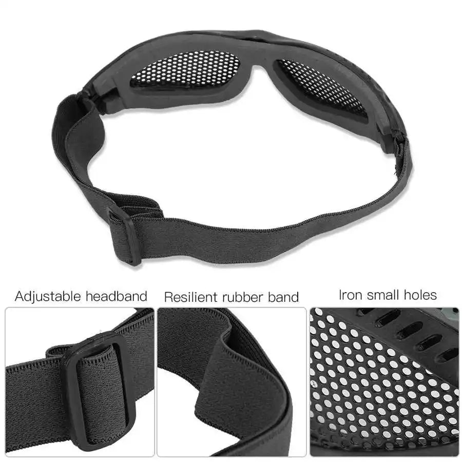 Metal mesh festival goggles with adjustable headband, resilient rubber band, and durable iron mesh design for rave events.