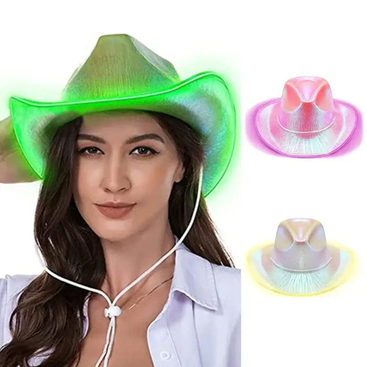 LED light-up cowboy hat in various colors with a vibrant glow, perfect for parties and festivals, adds a fun and stylish touch to any outfit.