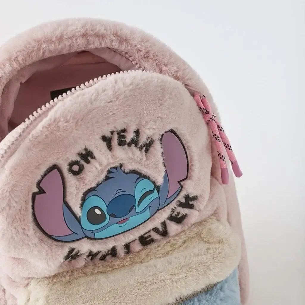 Cartoon Stitch kids mini backpack with soft pink handle, ideal for festivals and daily use.