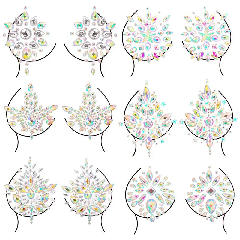 Rhinestone breast jewels and glitter body gems for festival and party wear, temporary tattoo-style chest stickers set.