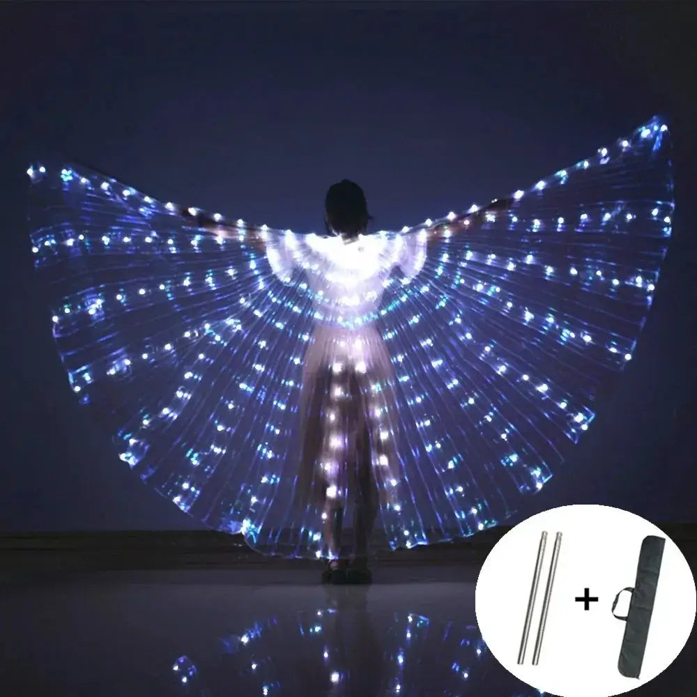 LED butterfly wings light-up dance costume with vibrant white and blue lights, includes control sticks and carrying bag.