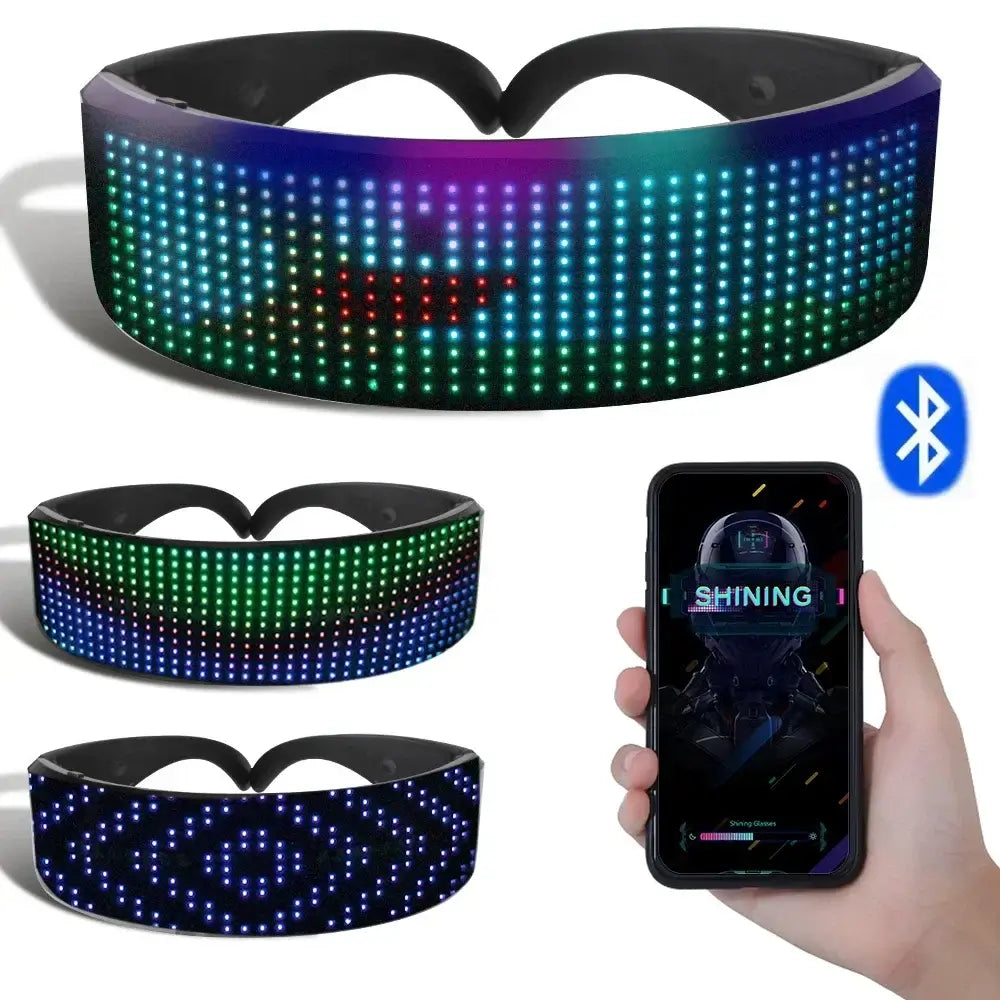 Bluetooth LED futuristic glow glasses with vibrant RGB display, syncing with music via app for raves and festivals.