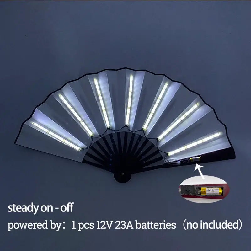 LED glow folding fan with vibrant lights, ideal for dance performances and stage shows. Battery powered, folds for easy transport.