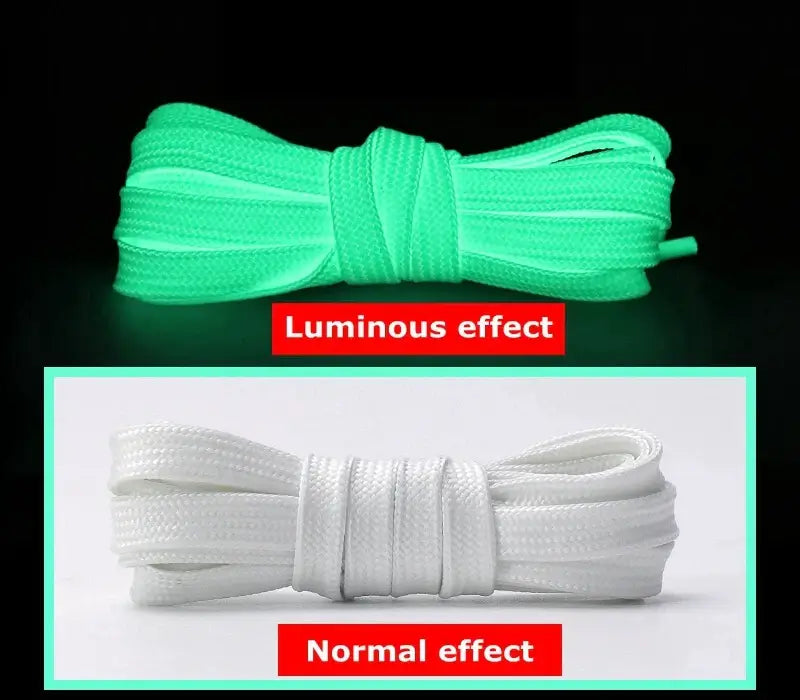 Luminous shoelaces glowing in green compared to non-glowing white shoelaces, showcasing the fluorescent effect for night activities.