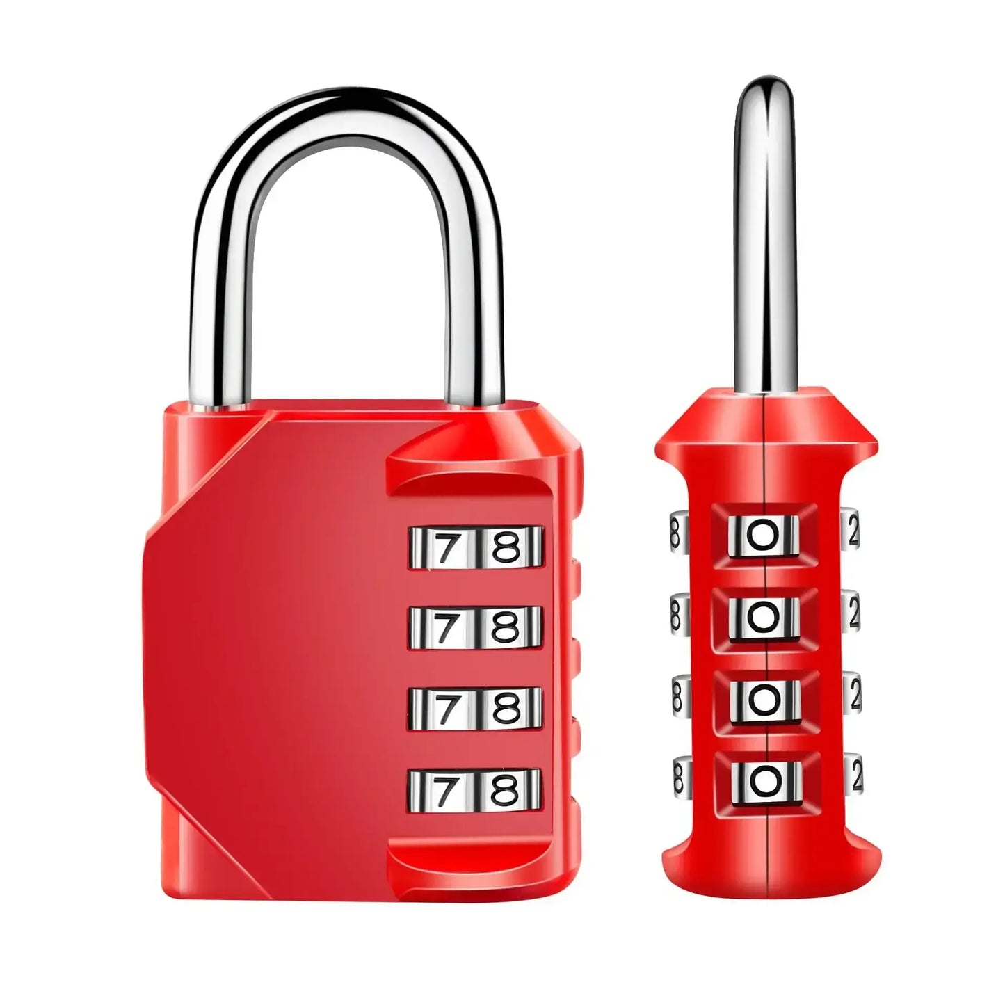 Heavy duty waterproof 4-digit resettable combination padlock in red for outdoor use, rust-resistant and ideal for securing lockers.