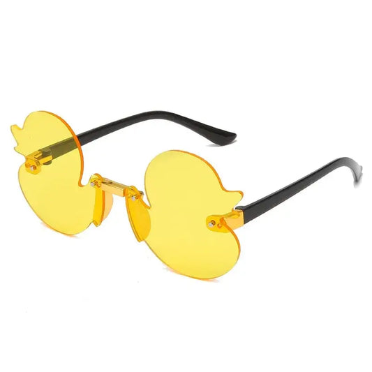 Duck-shaped rimless sunglasses with UV protection, ideal for festivals and rave parties, made from durable polycarbonate.