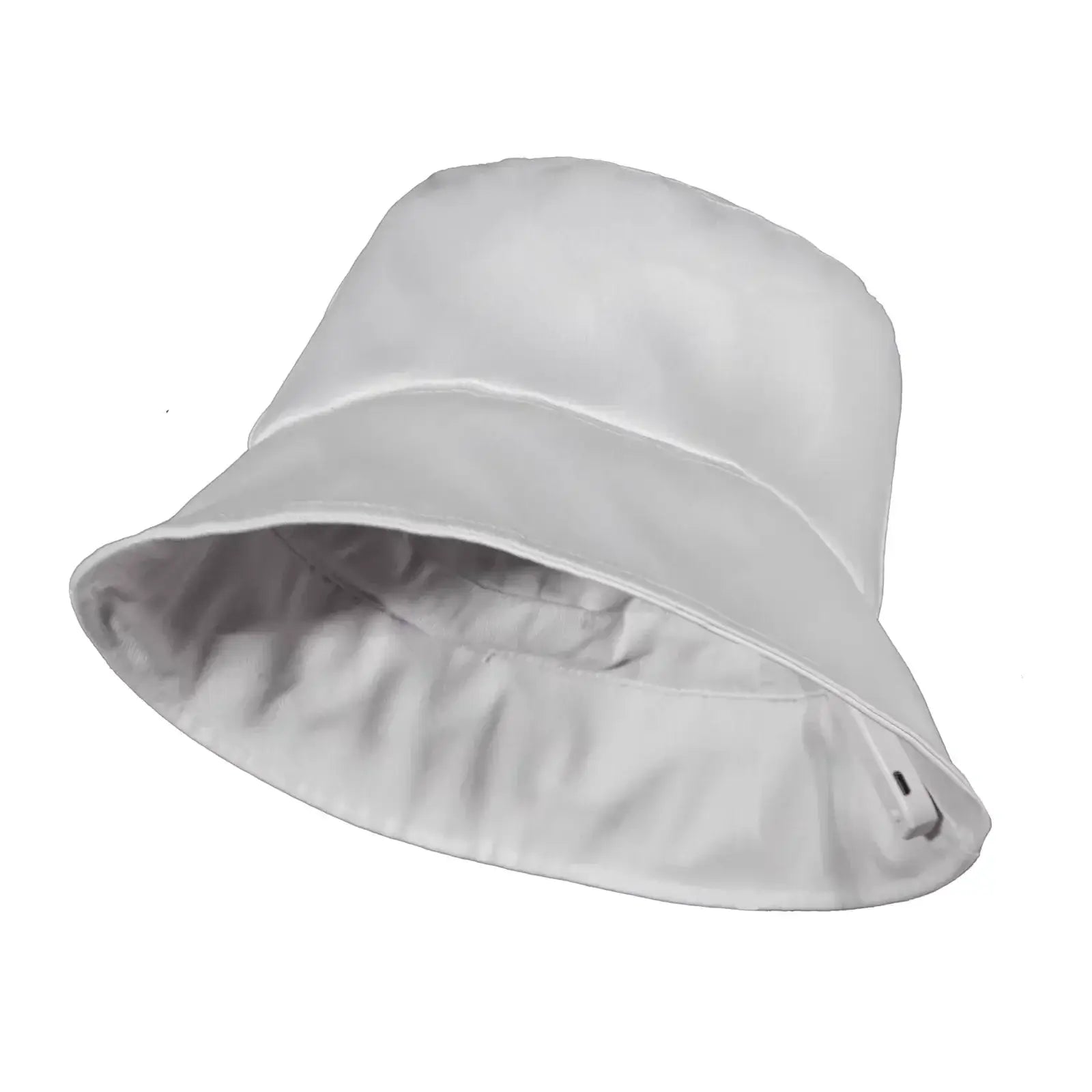 LED light-up fiber optic bucket hat in white, perfect for festivals and raves, with color-changing glow and USB charging.