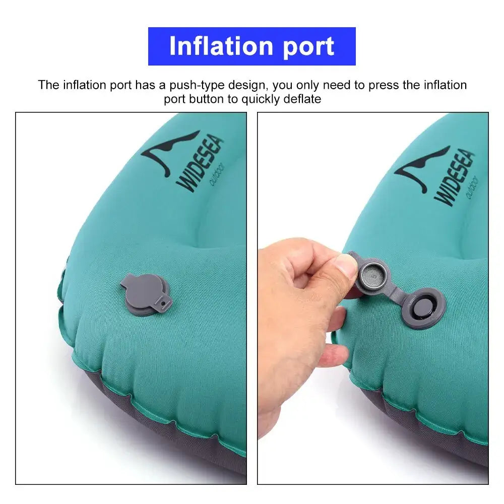 Close-up of Widesea inflatable camping pillow inflation port with integrated valve for quick air release, showing TPU material.