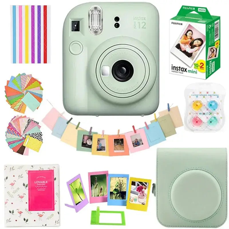 Fujifilm Instax Mini 12 camera bundle in mint green with accessories for instant photography.