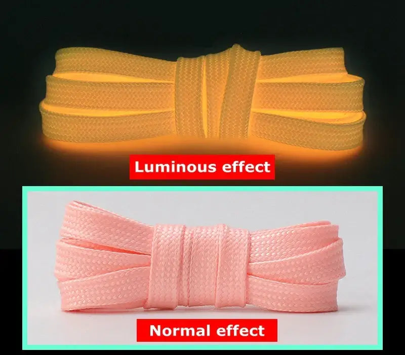 Luminous shoelaces showing fluorescent glow effect in dark compared to normal appearance in light.