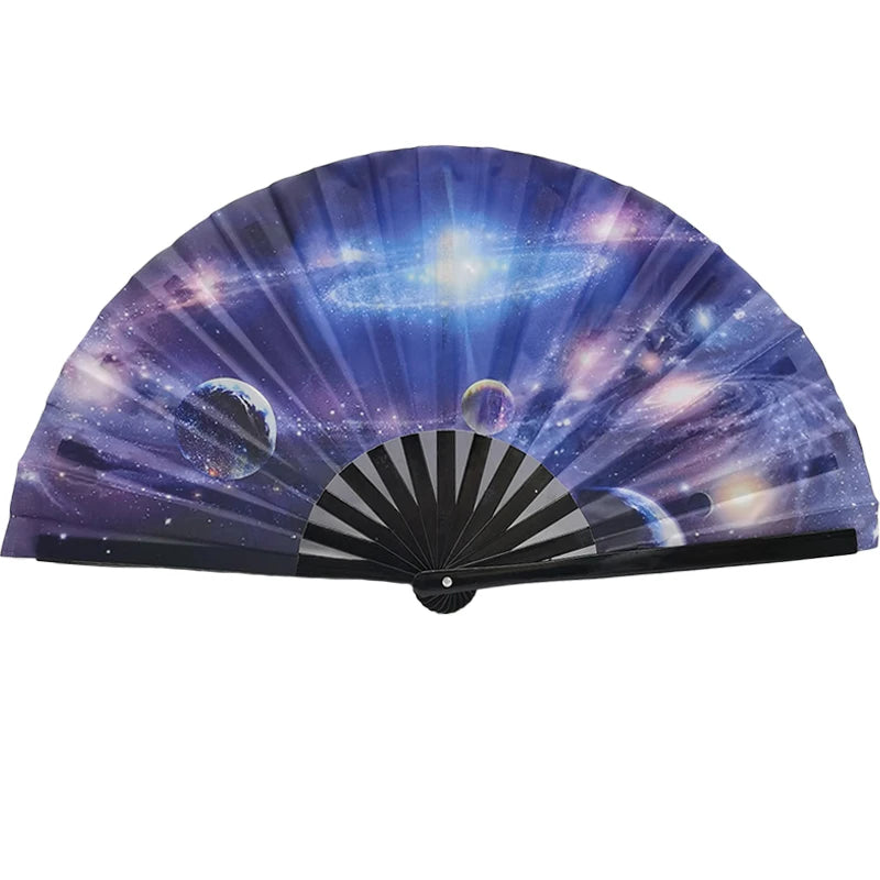 Galaxy-themed foldable handheld fan with vibrant cosmic design, perfect for festivals, parties, and dance events.