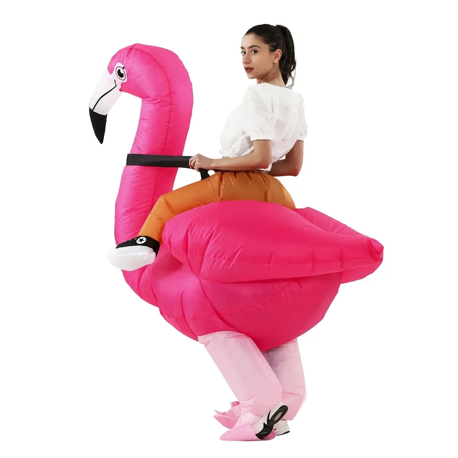 Person wearing an inflatable flamingo costume ideal for parties and cosplay events, featuring a vibrant pink design and easy-to-inflate mechanism.