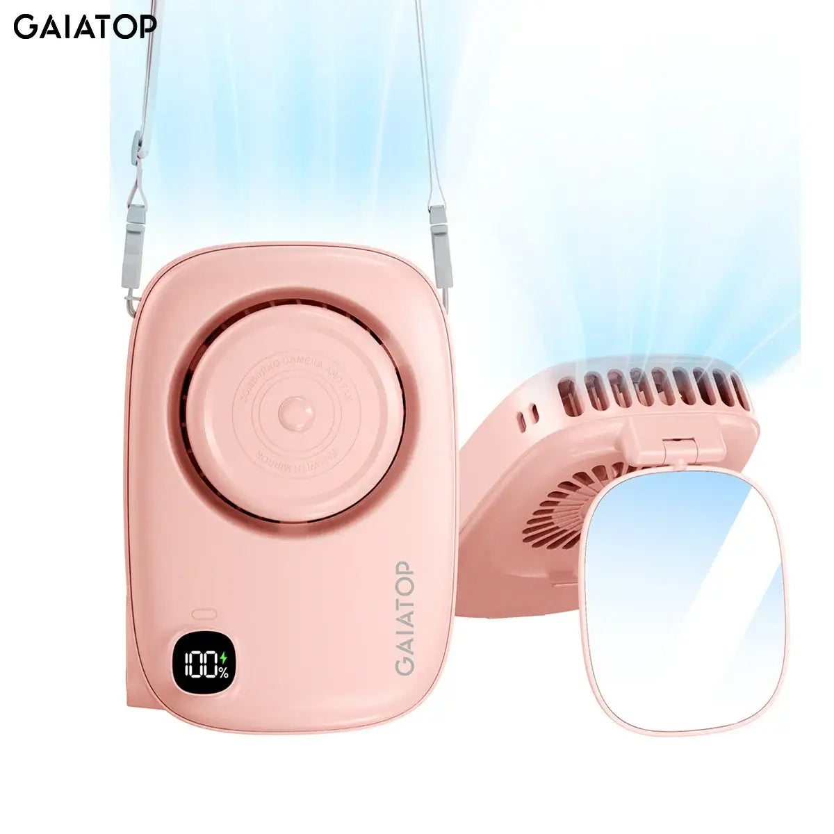 Gaiatop Mini Fan with Makeup Mirror, portable USB rechargeable device with 3-speed settings and integrated mirror, perfect for travel.