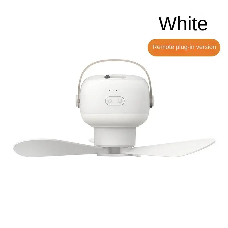 Portable mini ceiling fan with LED light in white, USB rechargeable, remote control version for home and camping use.