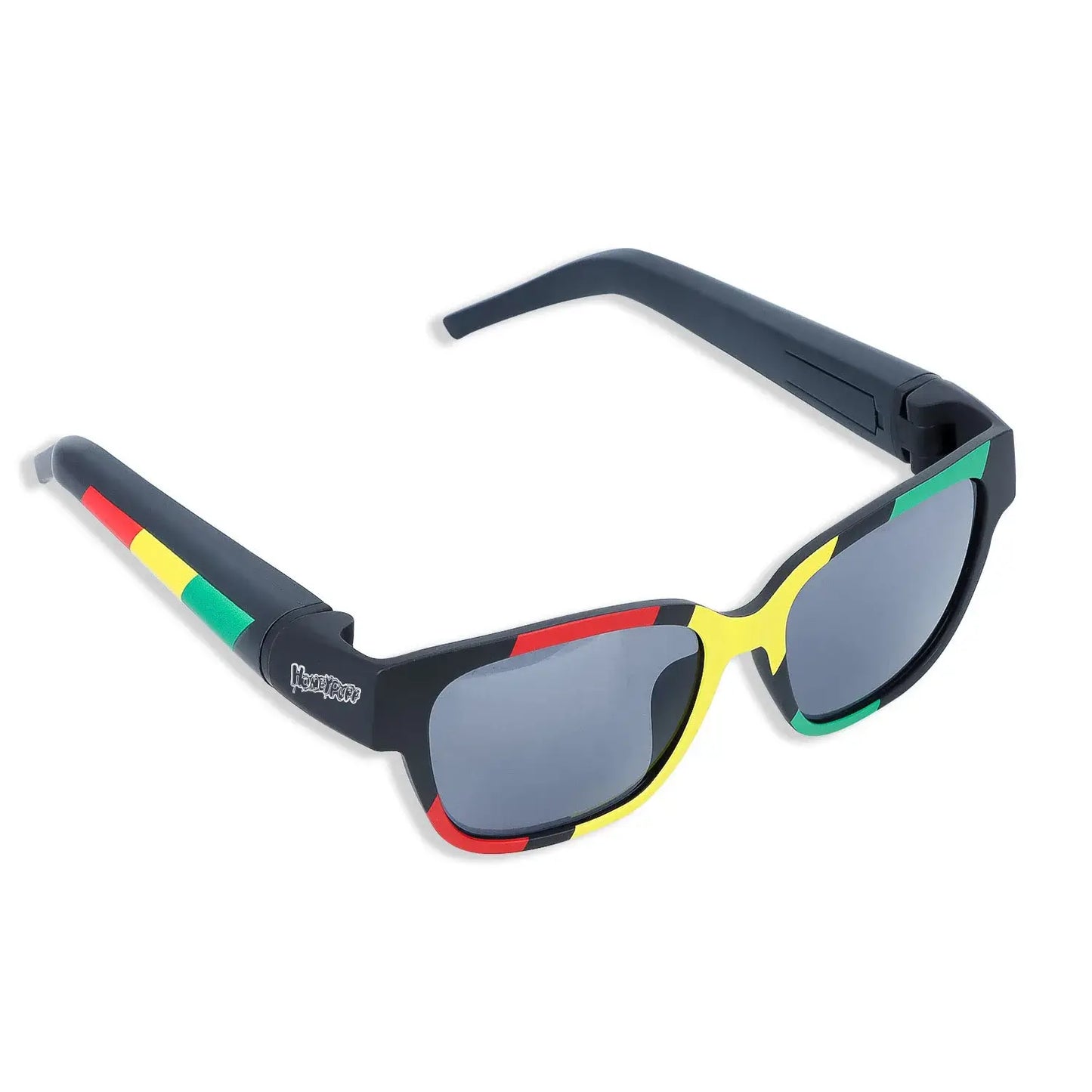 Stylish Rasta-themed hidden storage sunglasses with removable horn tube for discreet smoking accessory.