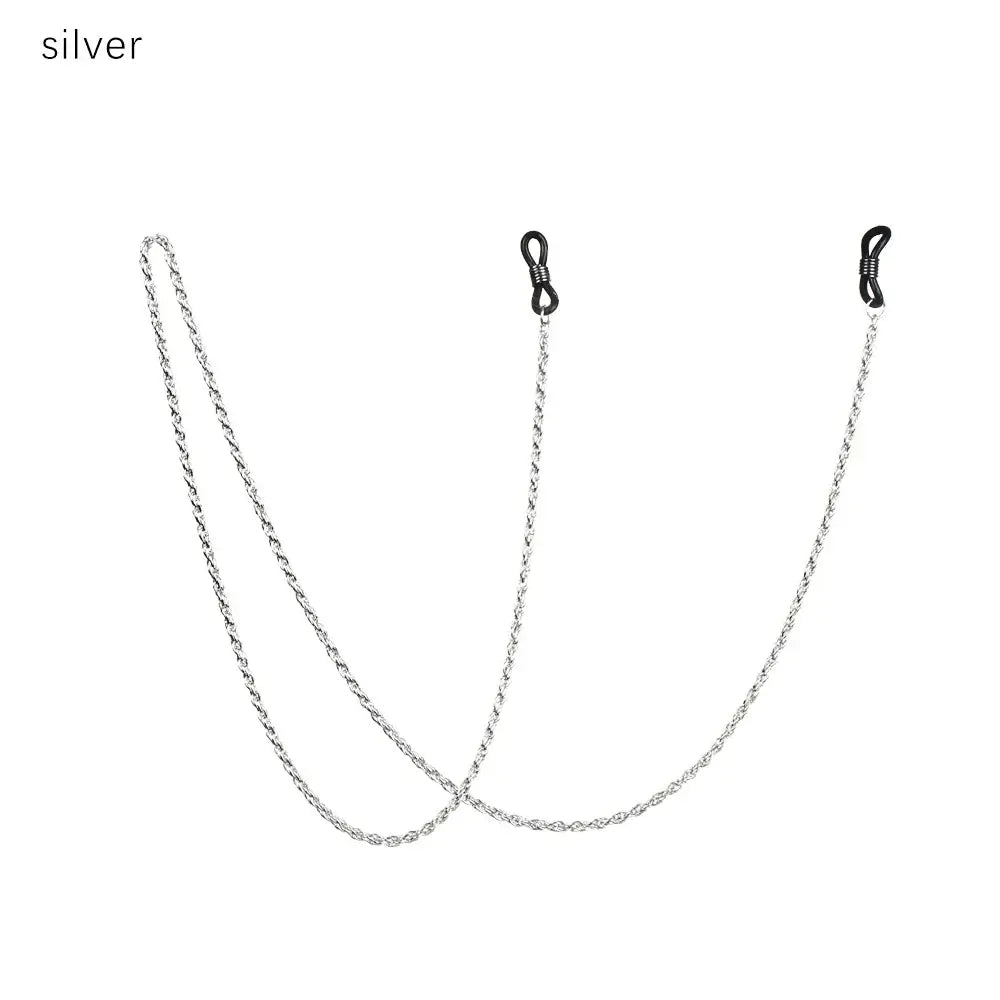 Silver eyeglass chain with black clasps for securing sunglasses or glasses in style.