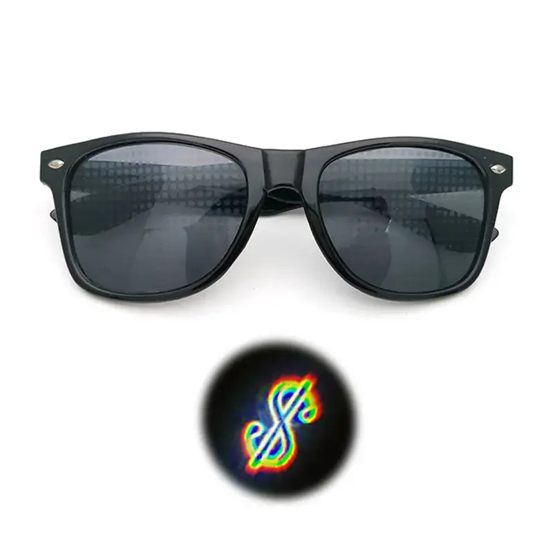 Black diffraction sunglasses with special effect lenses for rave events and light shows, featuring a colorful diffraction symbol.