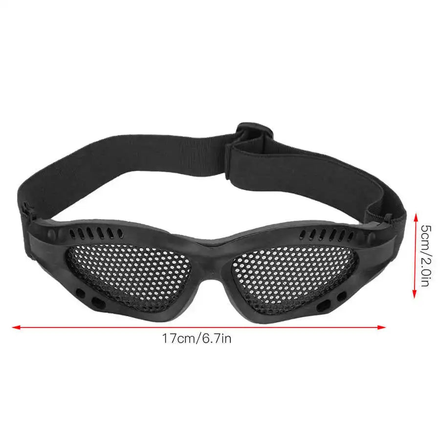 Metal mesh festival goggles for raves, black with adjustable strap, eye protection from dust and debris, dimensions 17cm by 5cm.