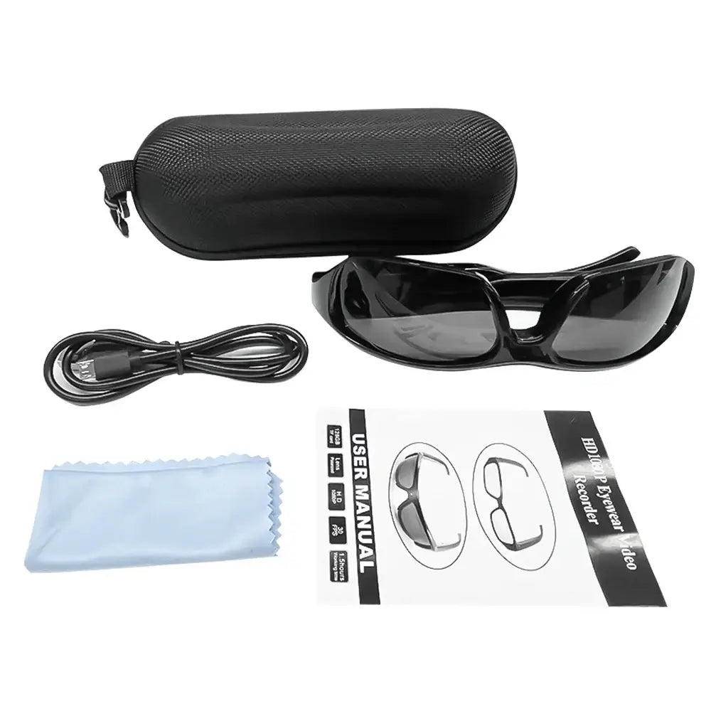 Wearable HD Glasses Camera with accessories including case, USB cable, cleaning cloth, and user manual.