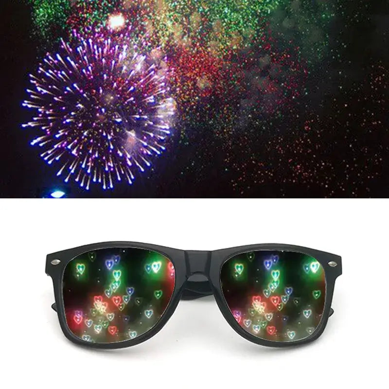 Diffraction sunglasses with fireworks effect lenses for rave events and light shows.