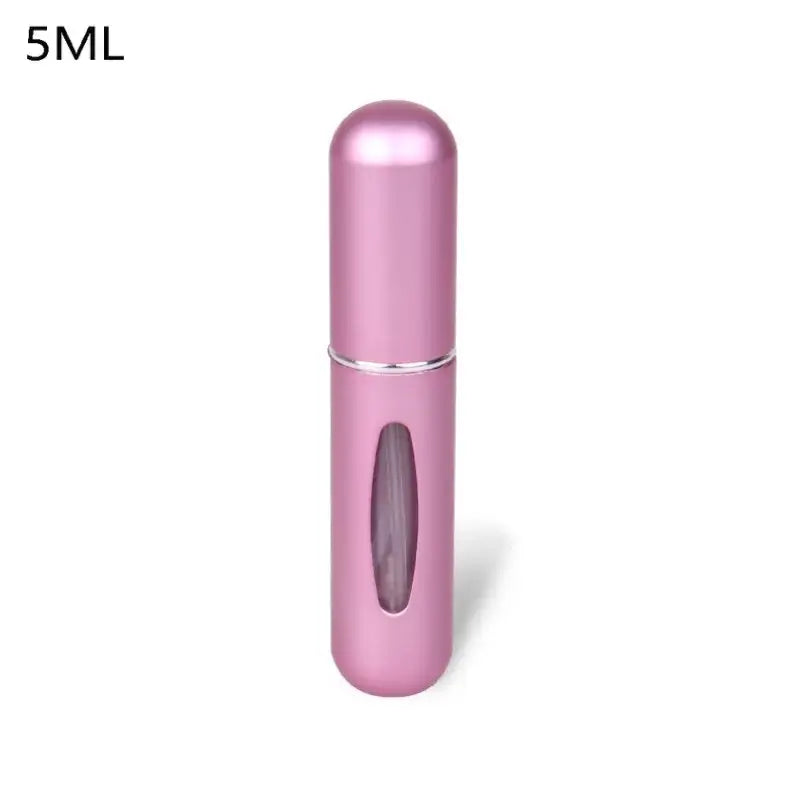 Pink 5ml portable refillable perfume atomizer bottle, ideal for travel and daily use, compact design with leak-proof vacuum seal.