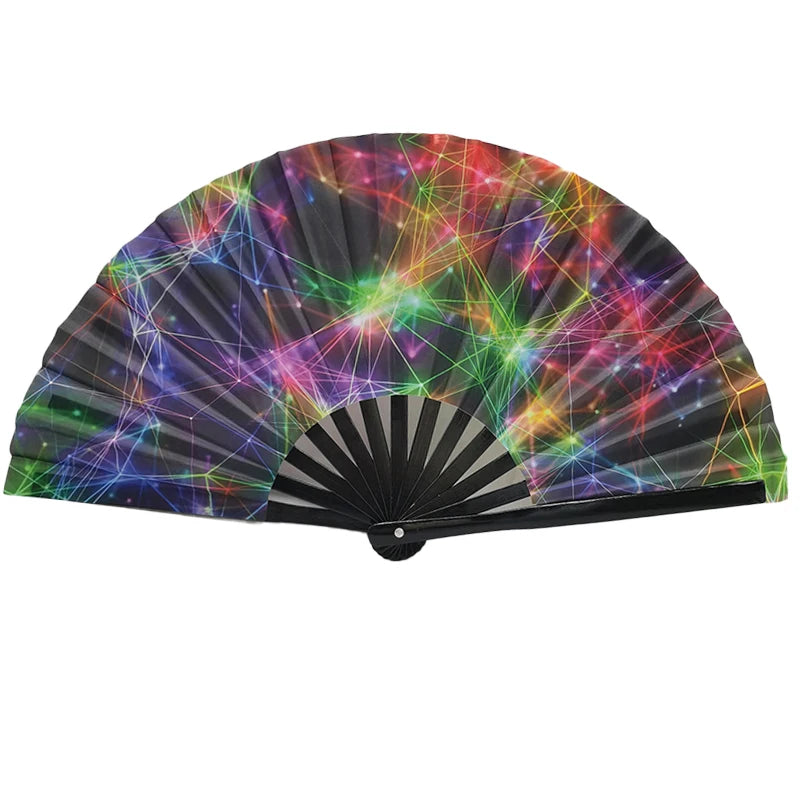 Gradient reflective foldable handheld fan with vibrant colors, ideal for festivals, parties, and dance events.