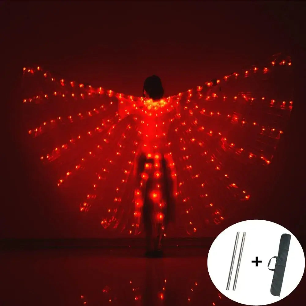 LED butterfly wings dance costume glowing red, includes control sticks and carrying bag for festivals and performances.