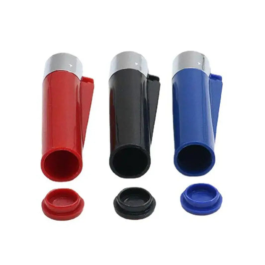 Lighter-style mini storage containers in red, black, and blue with airtight lids for small items.