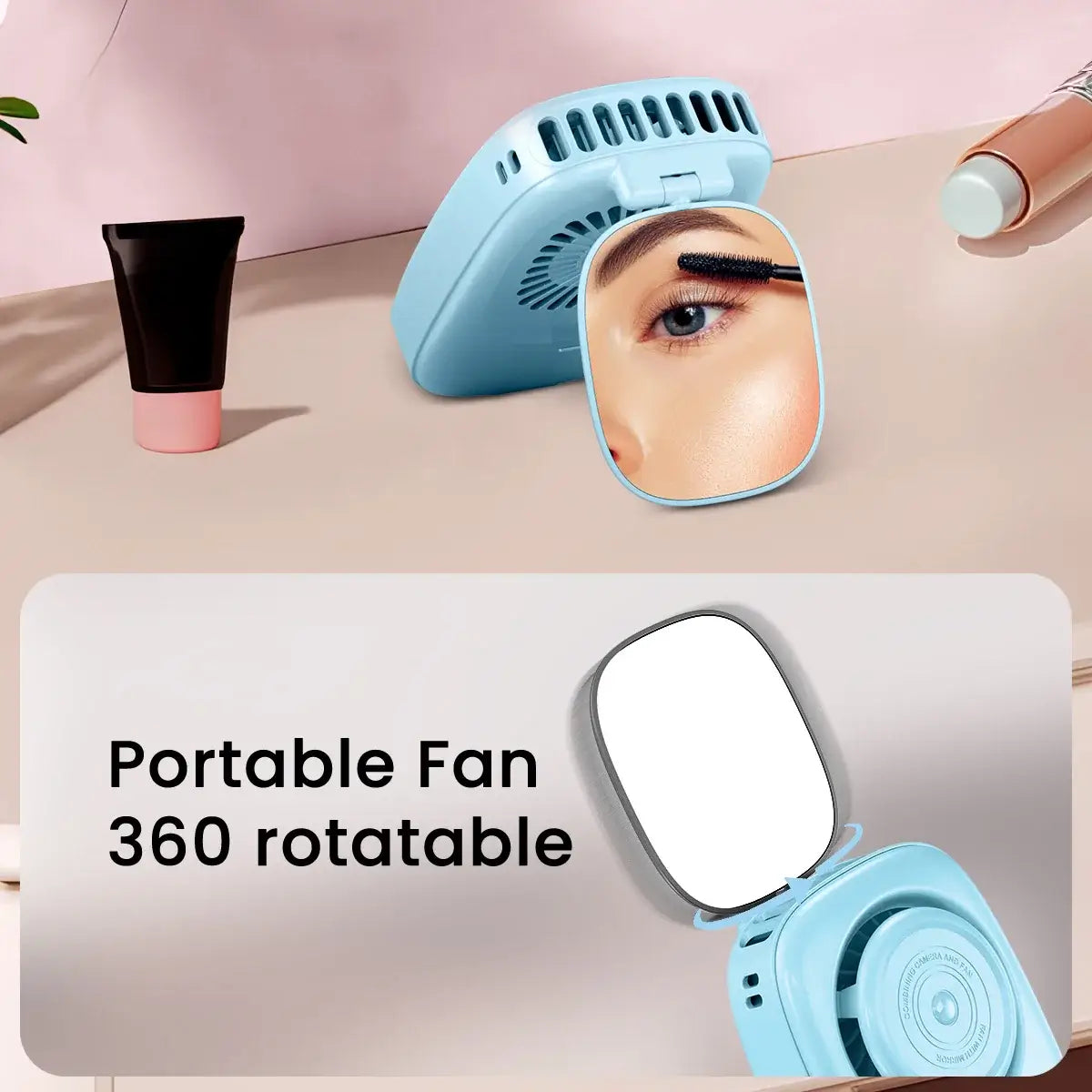 Portable Gaiatop Mini Fan with 360 rotatable makeup mirror, ideal for travel, with USB rechargeable battery and 3-speed settings.