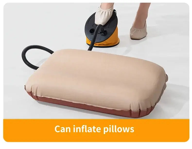 Foot pump inflating a pillow, demonstrating portability for camping gear and outdoor use.